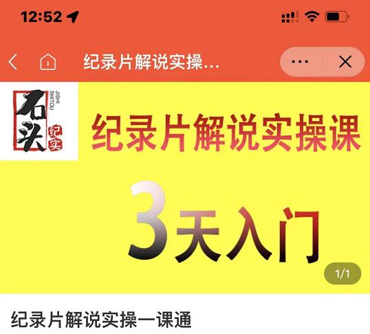 石头纪实·纪录片解说实操课，3天入门，快速掌握纪录片解说视频制作网创吧-网创项目资源站-副业项目-创业项目-搞钱项目左姐网创
