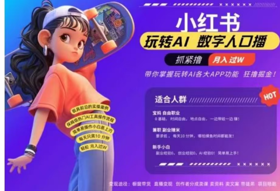 小红书数字人暴力起号，AI改写文案，流量火爆月入破W轻松拿捏，再也不用费劲录口播网创吧-网创项目资源站-副业项目-创业项目-搞钱项目左姐网创