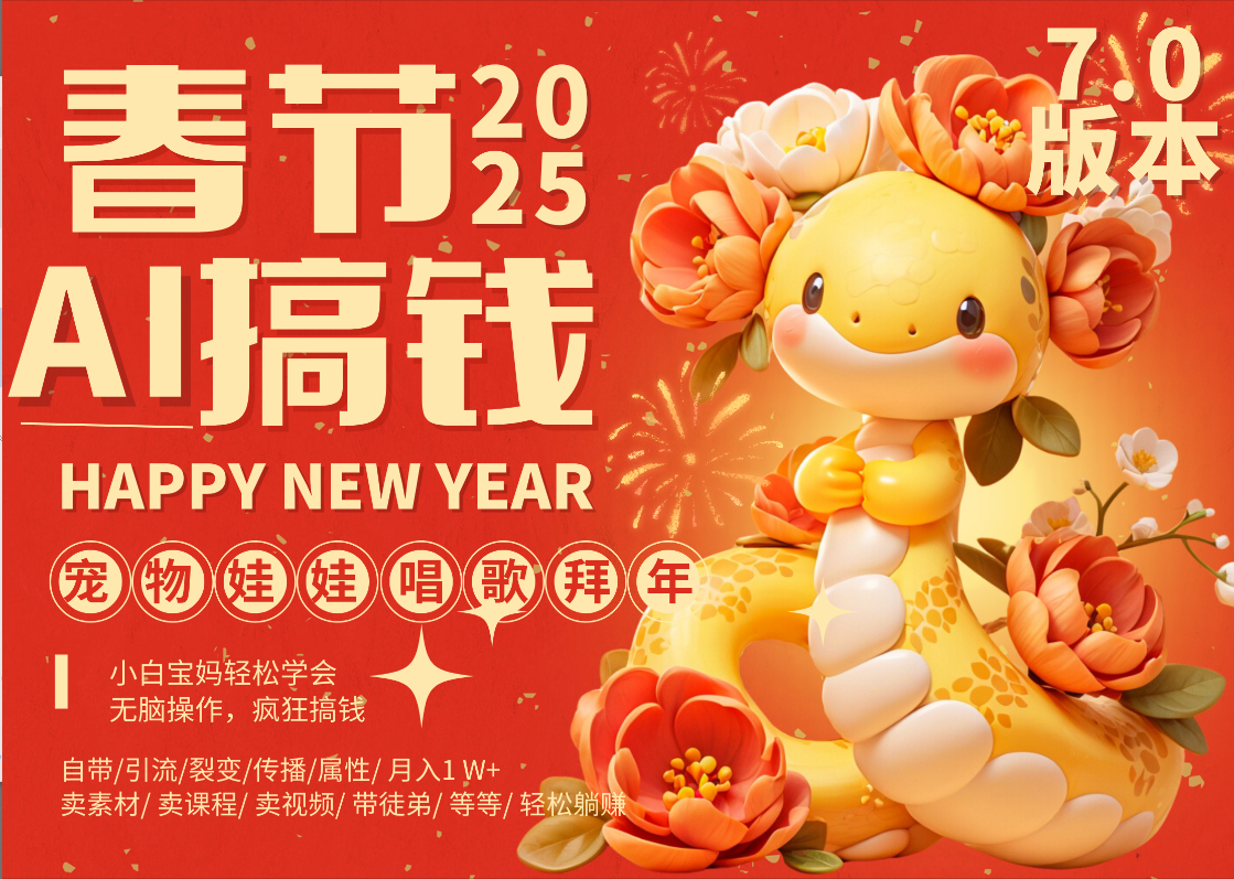 AI春节搞钱7.0升级版 蝴蝶号超火爆萌宠唱歌拜年  AI一键制作 批量出内容   春节做轻松躺赚 每日轻松十分钟  月赚米1W+  抓紧冲！可做视频 可卖素材只带小白和宝妈！网创吧-网创项目资源站-副业项目-创业项目-搞钱项目左姐网创