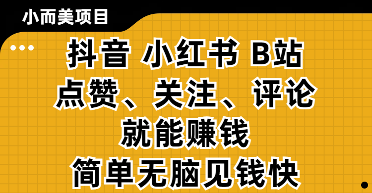 小而美的项目，抖音、小红书、B站视频点赞、关注、评论就能赚钱，简单无脑立见收益！妥妥的零撸项目网创吧-网创项目资源站-副业项目-创业项目-搞钱项目左姐网创